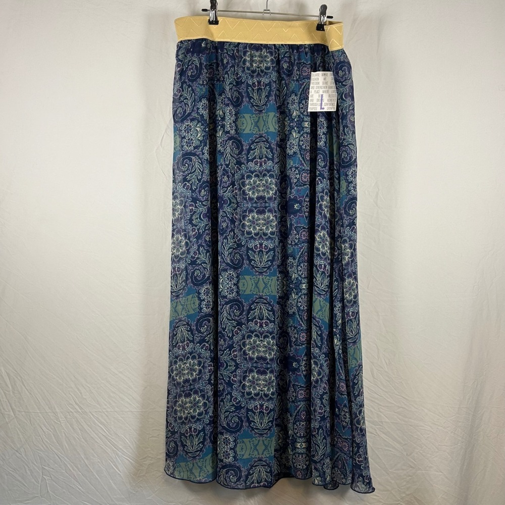 LuLaRoe Lucy Maxi Skirt Large NWT Blue Purple Paisley Gold Waistband Boho Long